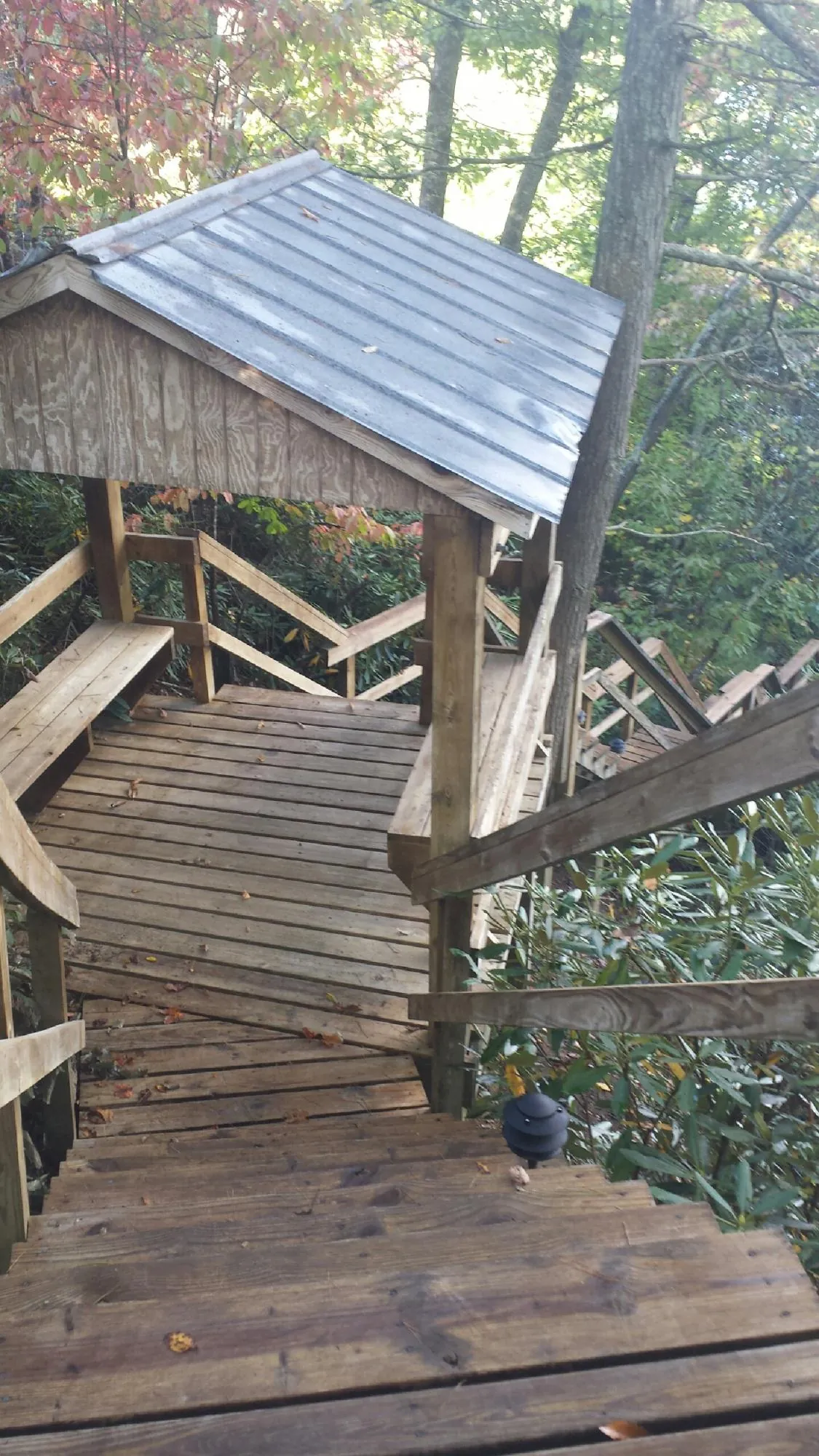 Metal roofed shelter over wooden steps on a wooded walkway — Skylight Repair & Installation work by our crew in Rolla